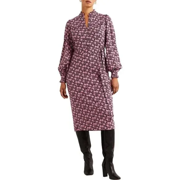 Boden Midi Shirt Dress Women's 8R Column Purple Black Floral Wild Rose B98 - Picture 3 of 8
